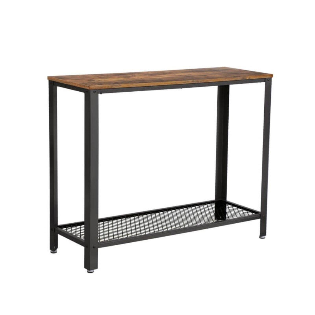 Brown and Black Iron Framed Console Table with Wooden Top and Wire Mesh Open Shelf S388