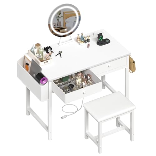 White Vanity Table Set with Mirror and Chair N68706
