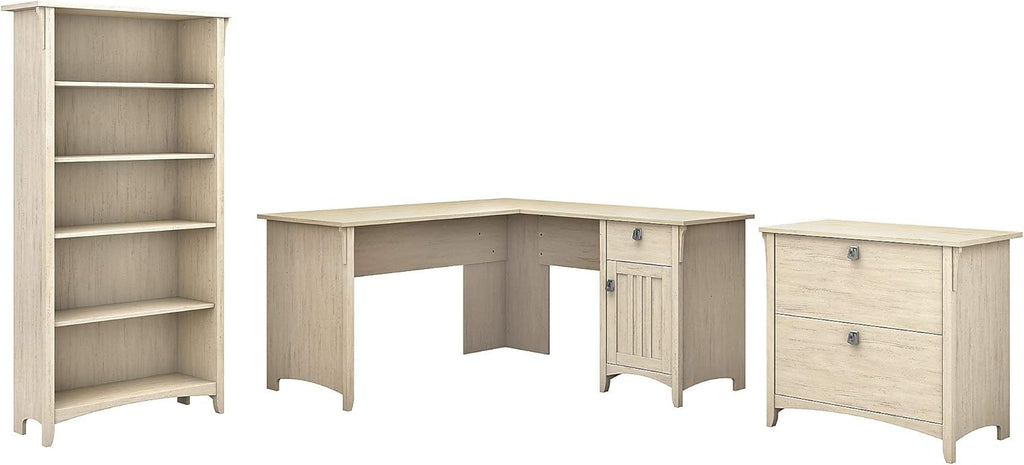 L Shaped Desk with File Cabinet and 5 Shelf Bookcase, Antique White H630