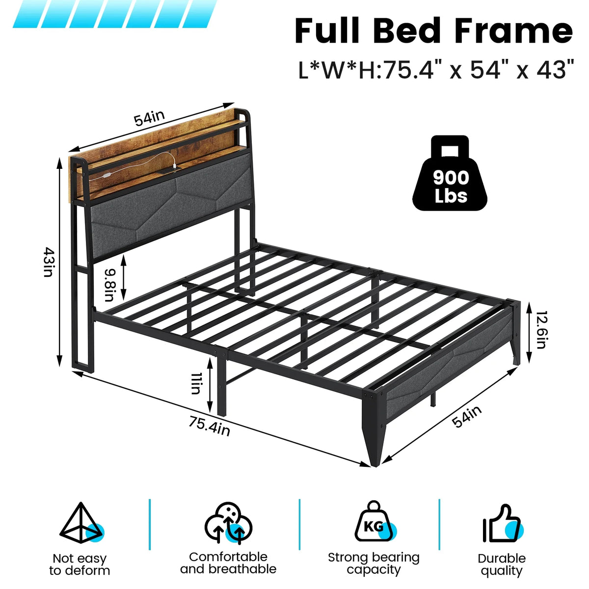 Full Size Upholstered Platform Bed Frame with Charging Station & LED Lights H7795