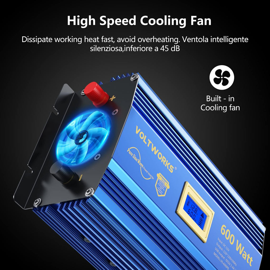 600 Watts Pure Sine Wave Power Inverter 12V to 110V 120V with USB Port & LCD Display V857