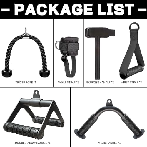 Cable Machine Attachment Set with Tricep Rope, V Bar, Double D Handle, Ankle & Wrist Straps T51146