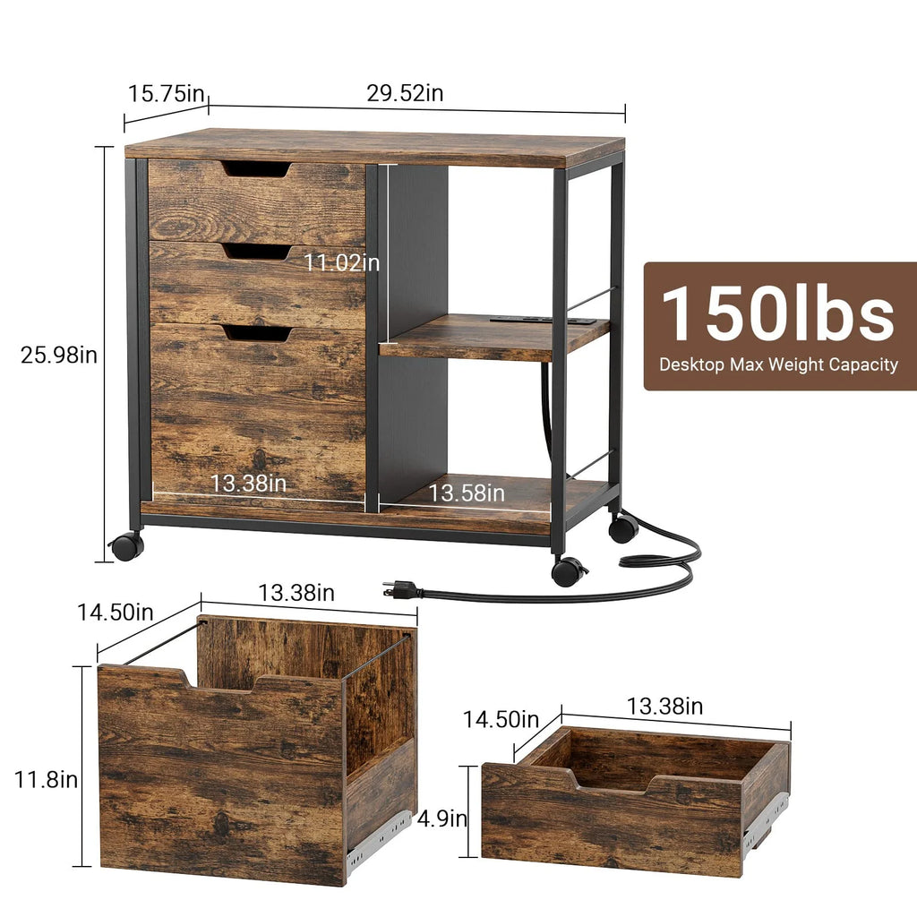 Rolling Wooden File Cabinet with 3 Drawers S932
