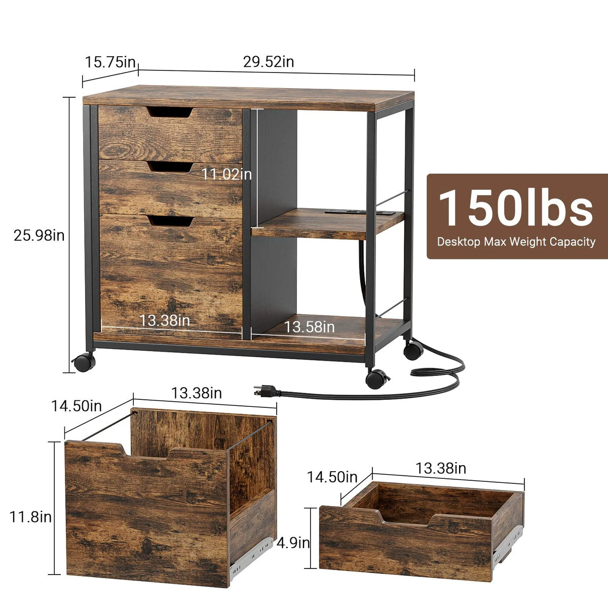 Rolling Wooden File Cabinet with 3 Drawers S932