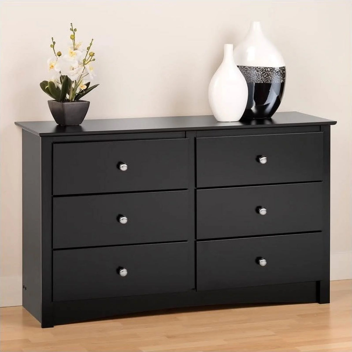 Black 6 Drawer Double Dresser P2619