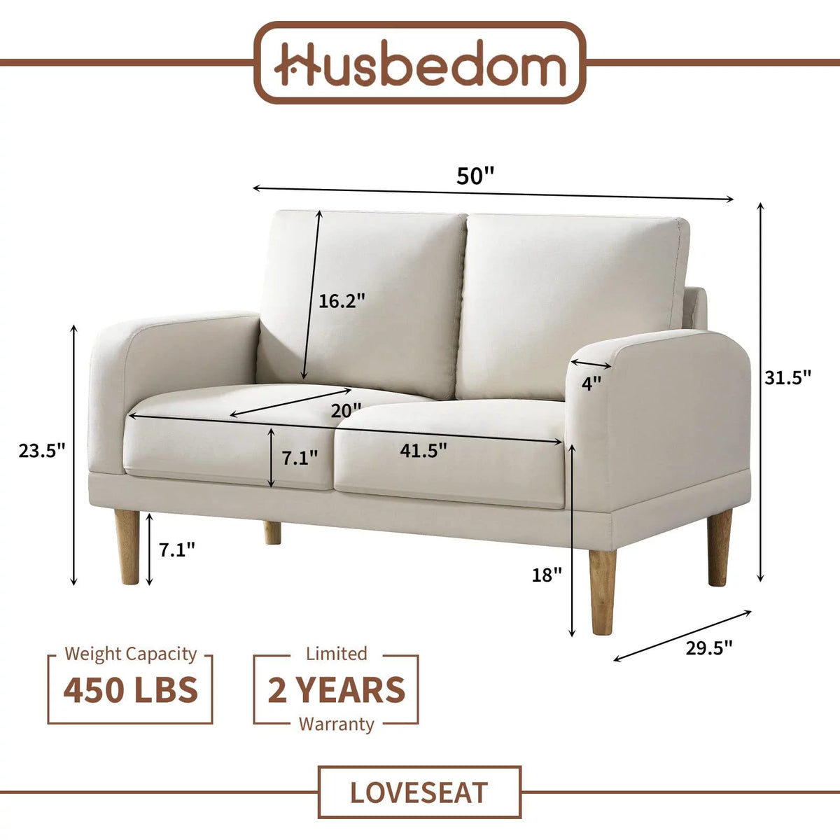 50" Beige Upholstered 2-Seater Loveseat Sofa C29813