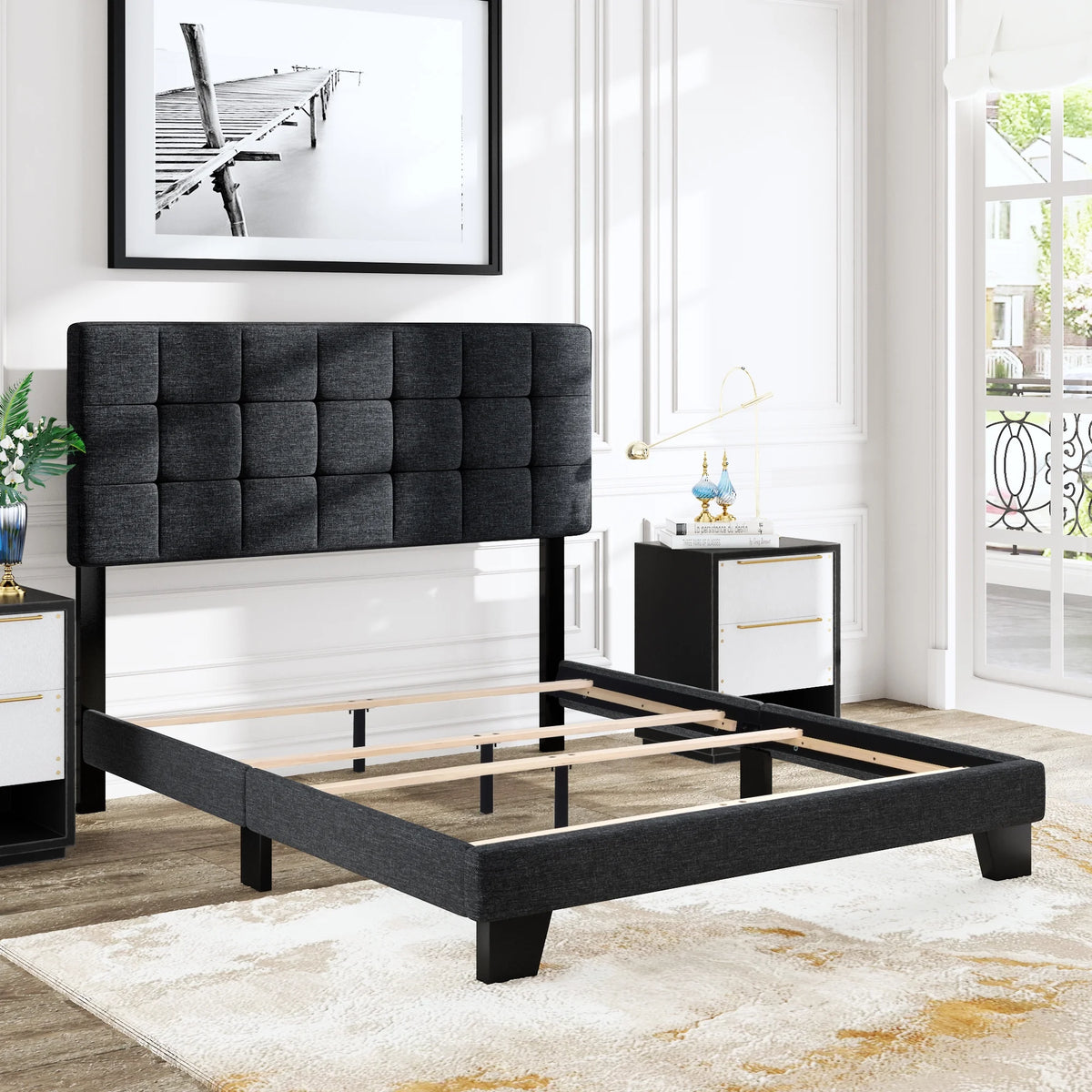 Queen Size Grey Upholstered Panel Bed Frame M17222