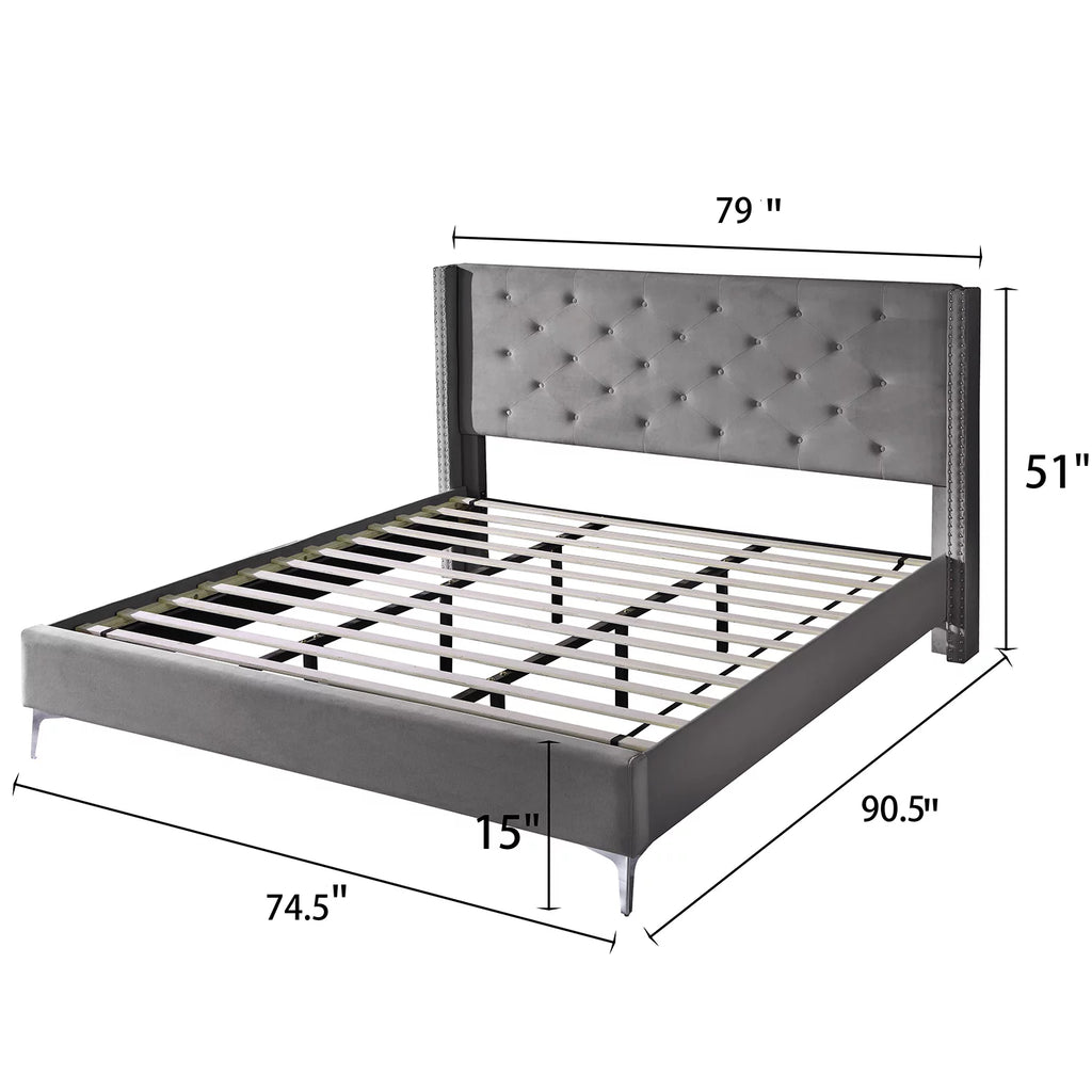 Wood Platform Bed Frame with Upholstered Headboard California King Gray J73069