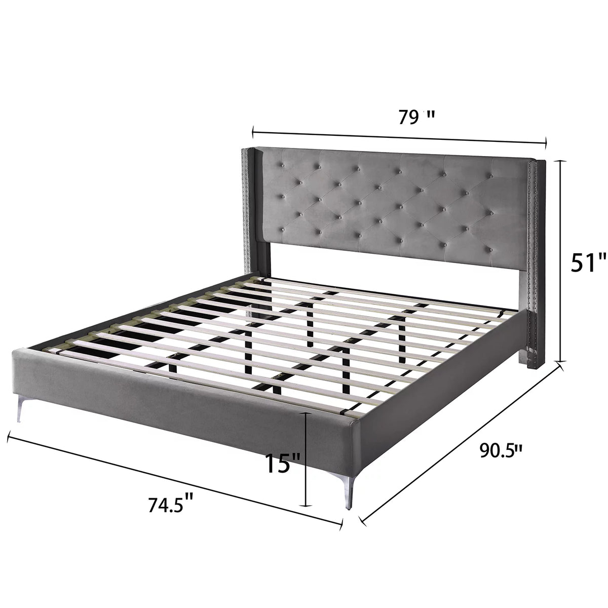 Wood Platform Bed Frame with Upholstered Headboard California King Gray J73069