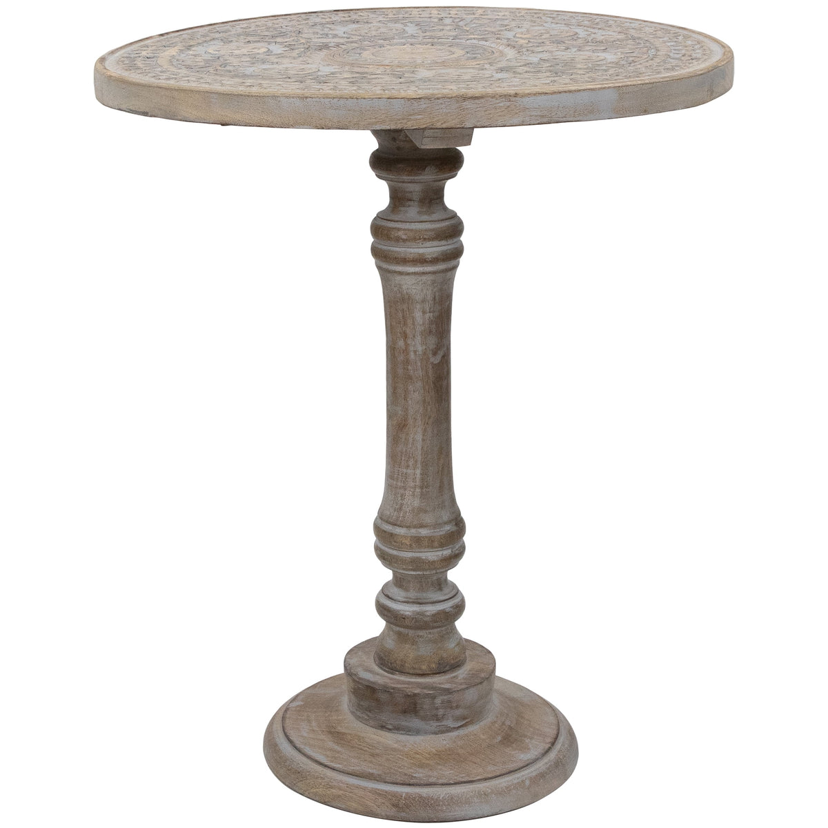 21" Antique Gray Carved Floral Round Pedestal Side Table T920993