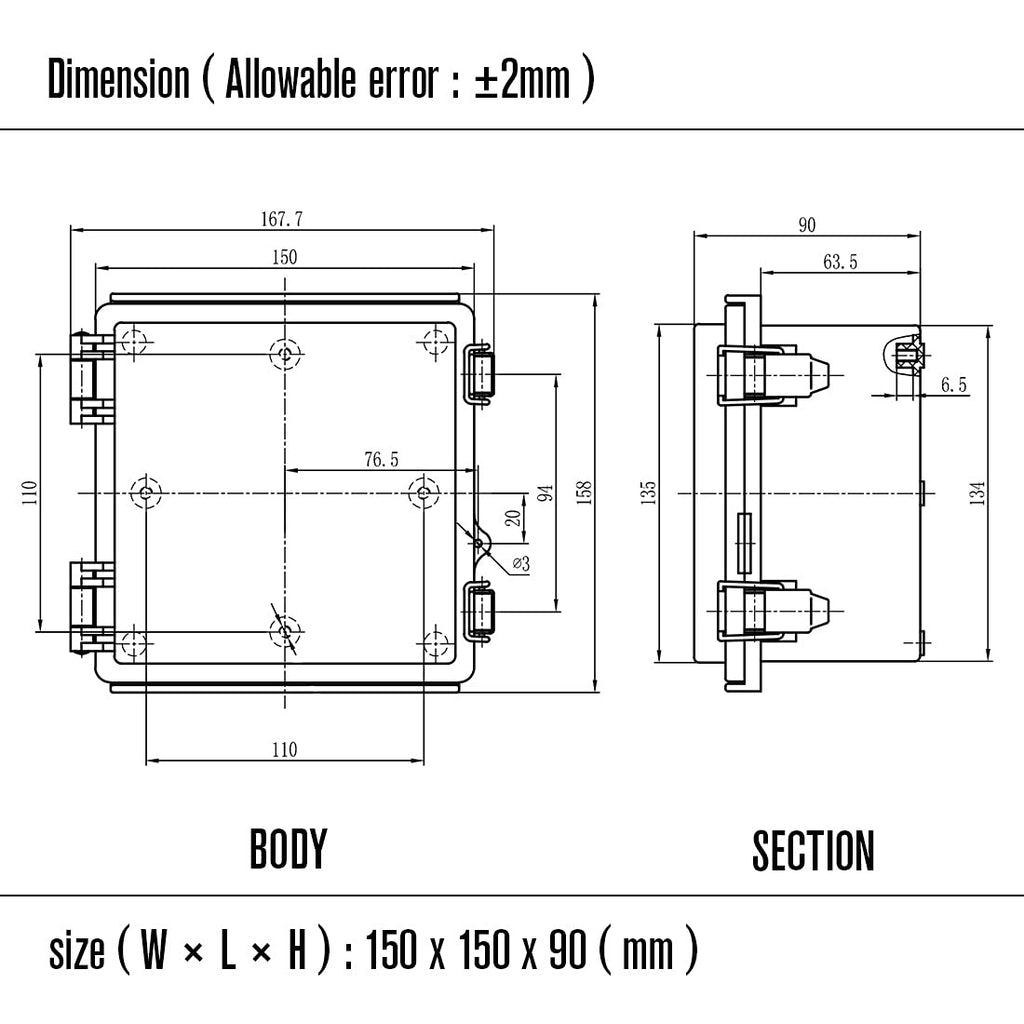 ABS IP67 Waterproof Junction Box with Mounting Plate 150x150x90mm Pack of 2 S36305