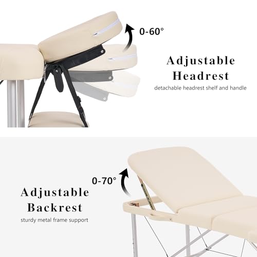 Portable Aluminum Alloy 3 Folding Massage Table with Backrest White Z548