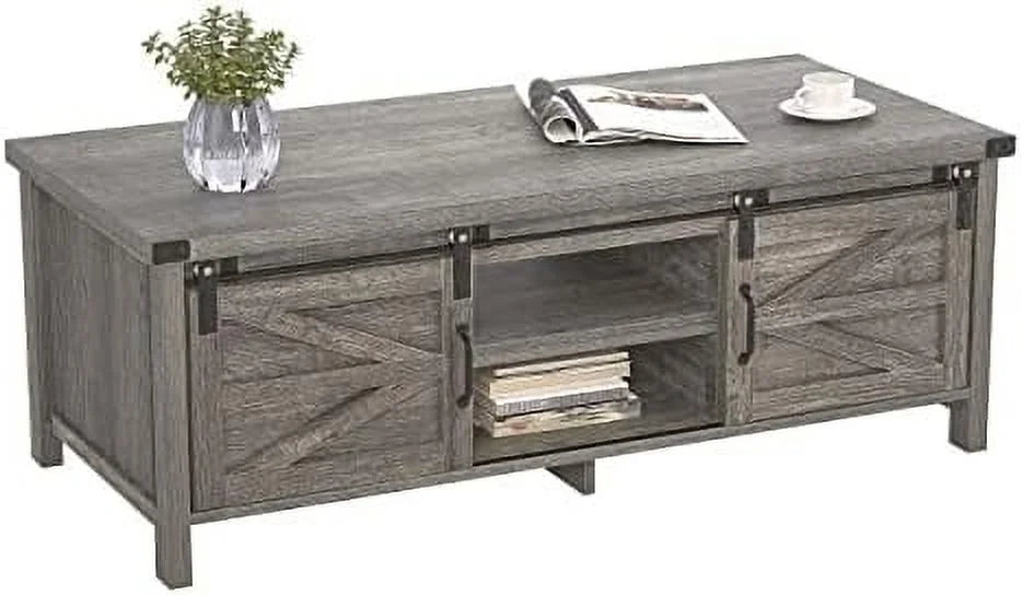 Farmhouse Coffee Table with Hidden Compartment and Cabinets Shelves Q97593