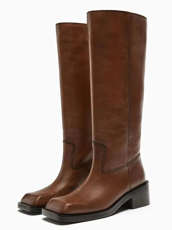 Square Toe Flat Knee Boots Y678