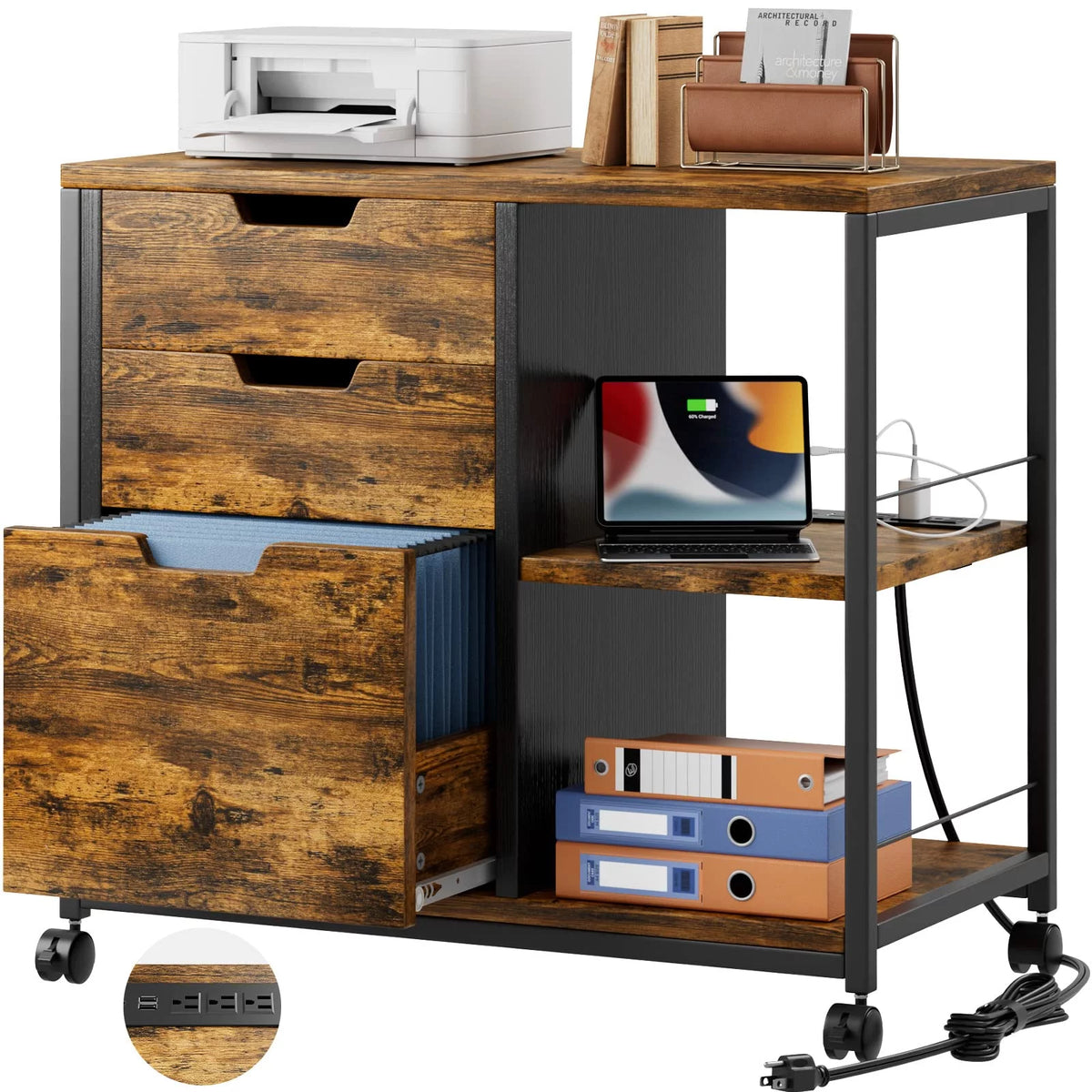 Rolling Wooden File Cabinet with 3 Drawers S932