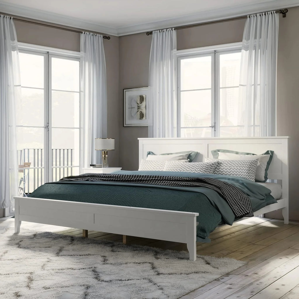 White Platform Bed with Headboard, Wood Bed Frame with Slat Support T679915