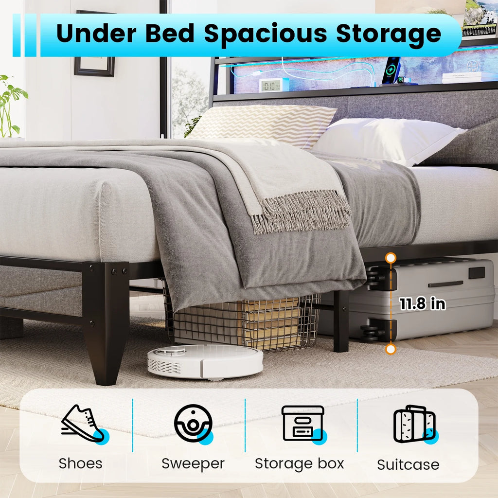Full Size Upholstered Platform Bed Frame with Charging Station & LED Lights H7795