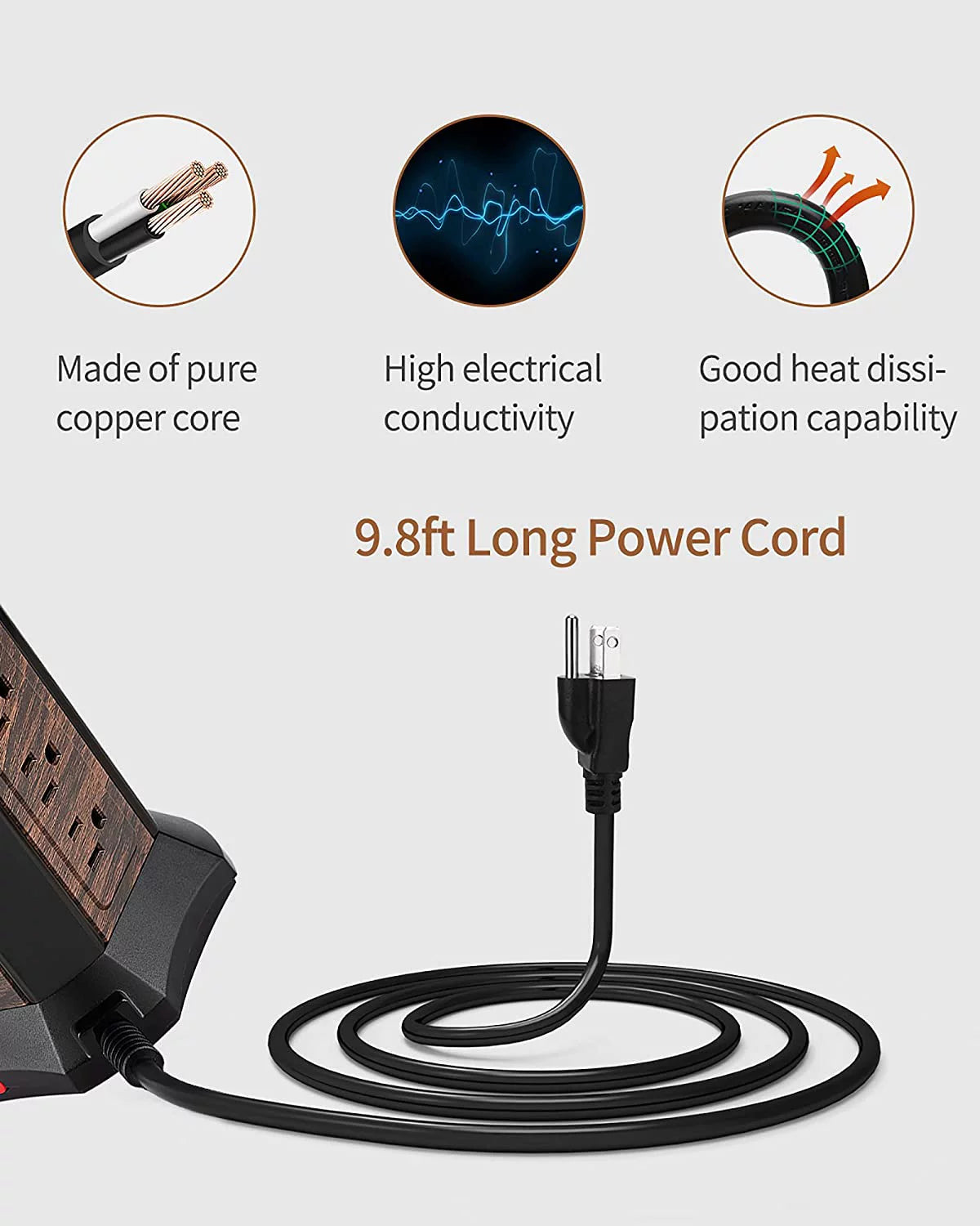 9 Outlets 4 USB Power Strip Tower Surge Protector 1080J with 10 ft Extension Cord F110
