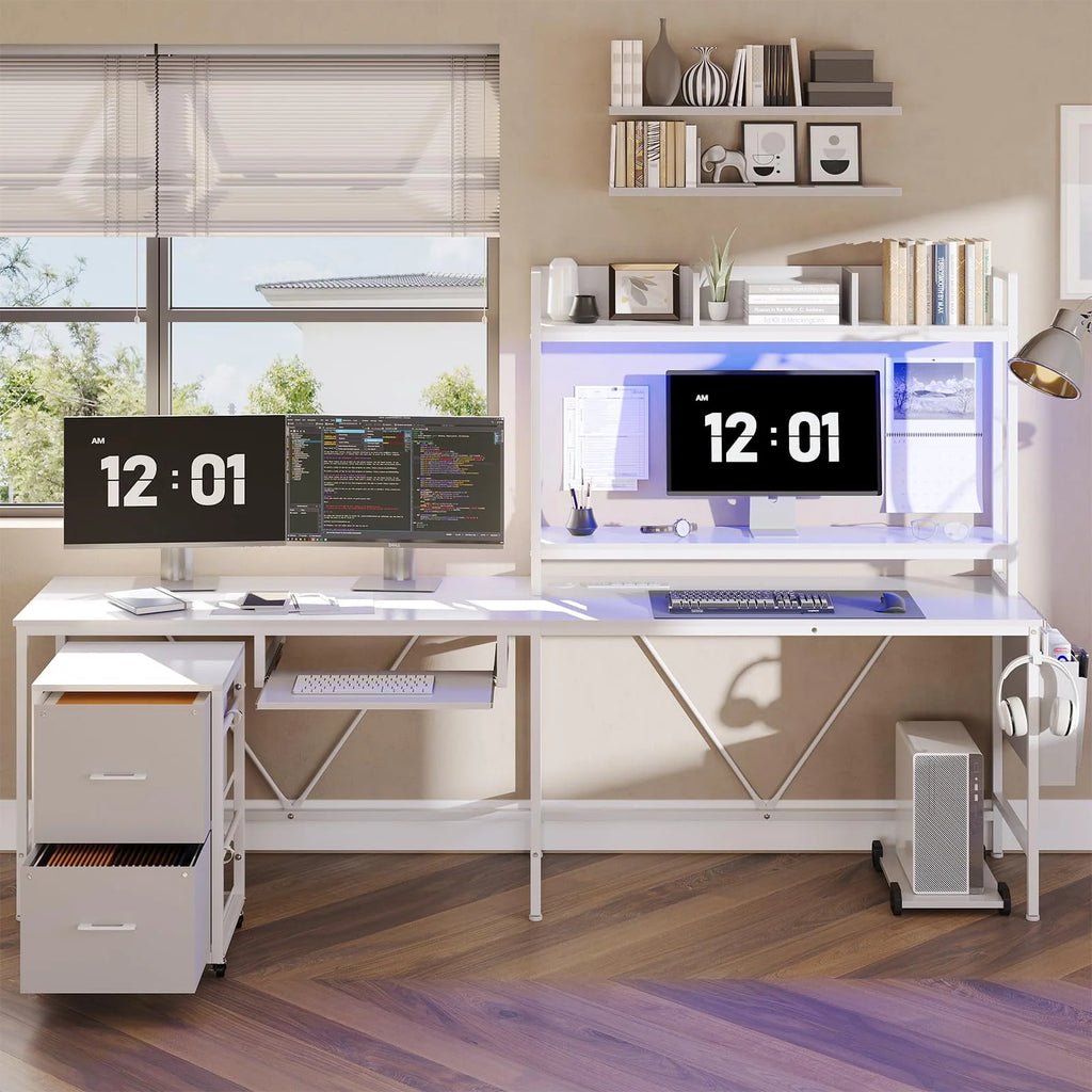 L Shaped Computer Desk with Power Outlet and LED Strip, Black I199
