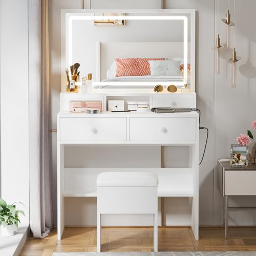 White Makeup Vanity with Lighted Mirror and Charging Station T20379