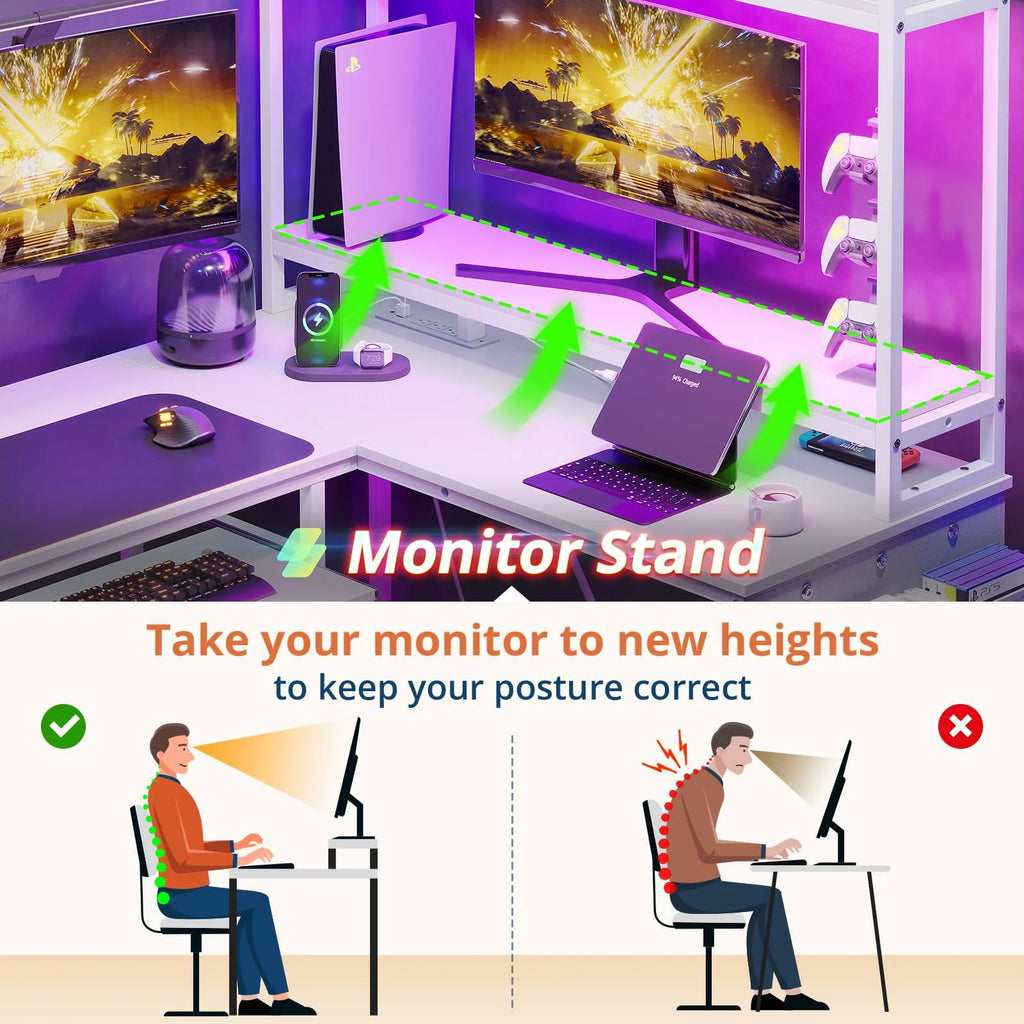 L Shaped Computer Desk with Power Outlet and LED Strip, Black I199