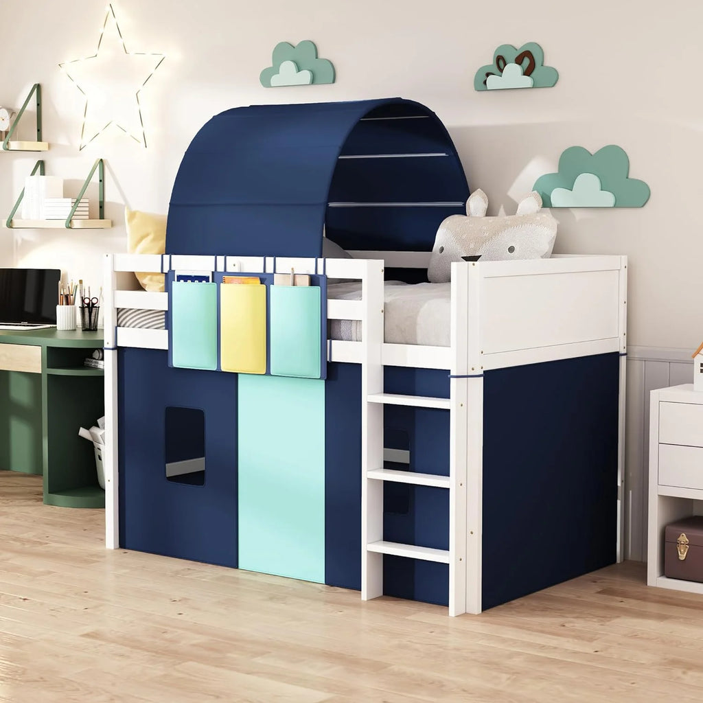 Blue Wood Low Loft Bed Frame with Tent, Tower and Three Pockets F3366