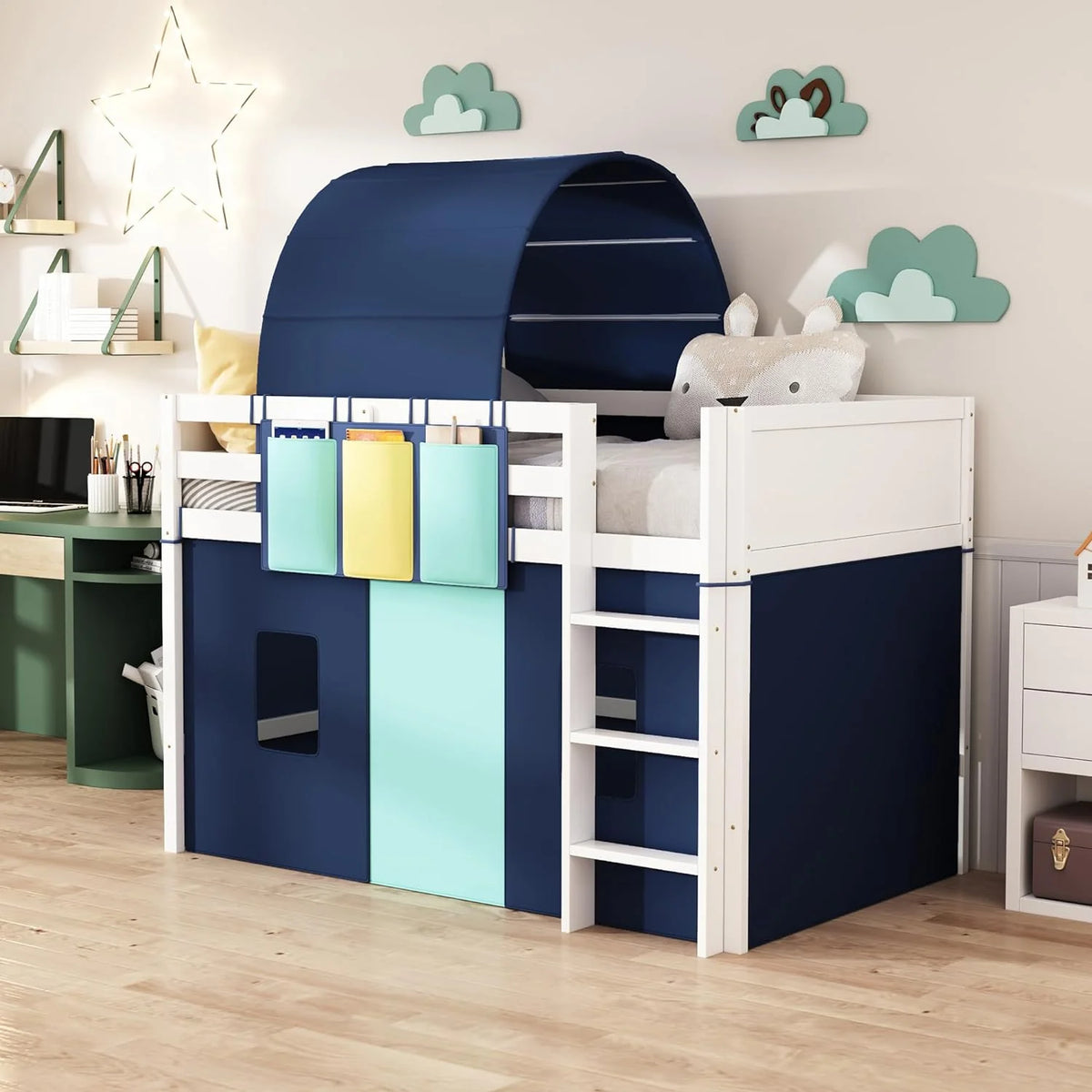 Blue Wood Low Loft Bed Frame with Tent, Tower and Three Pockets F3366