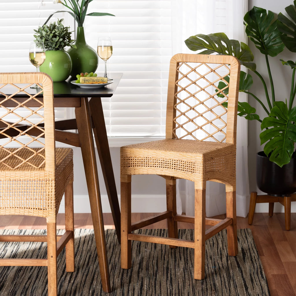 Natural Rattan and Walnut Brown Wood Counter Stool L92651