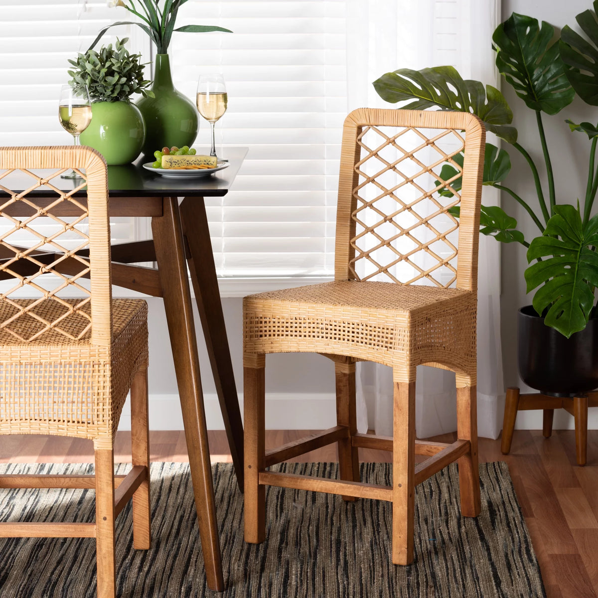 Natural Rattan and Walnut Brown Wood Counter Stool L92651