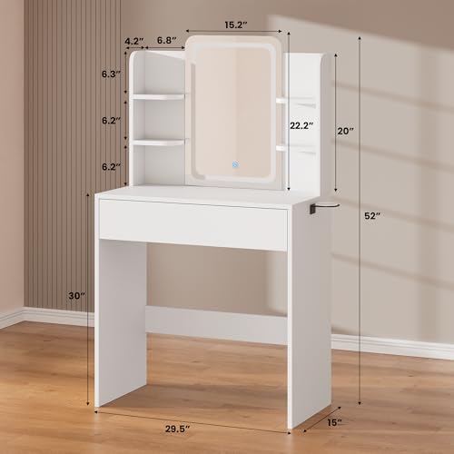 White Small Vanity Desk with Mirror and Lights V135
