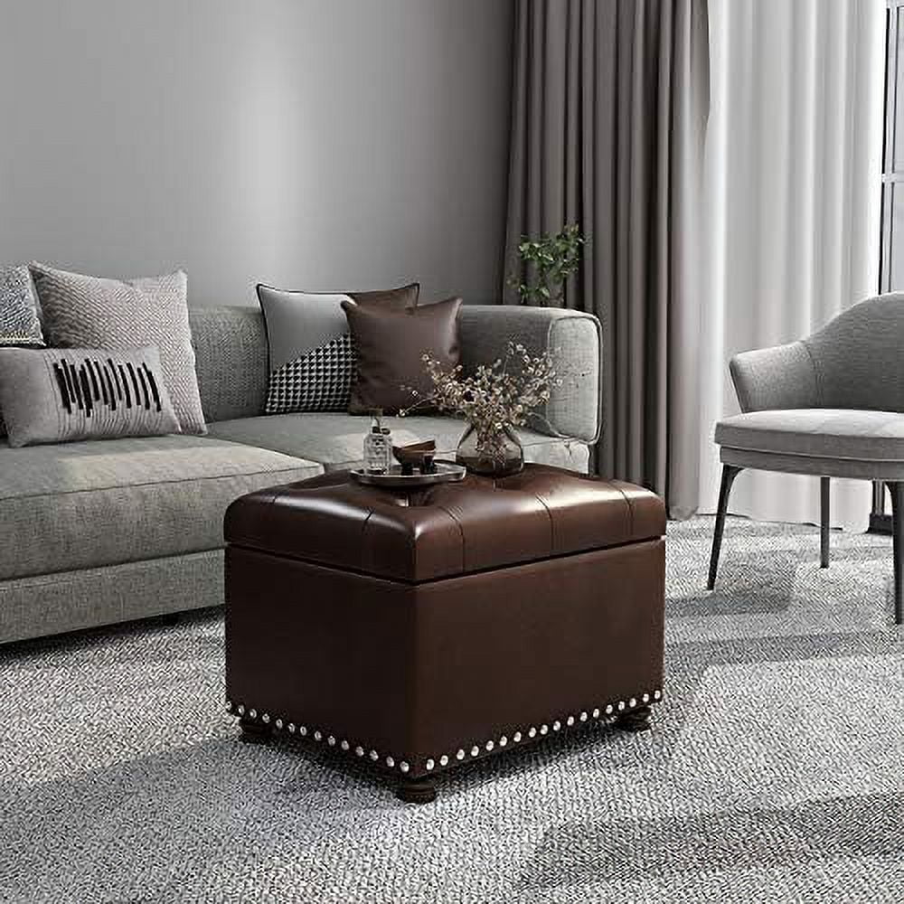 17.7" Brown Faux Leather Tufted Flip Top Ottoman Q45357