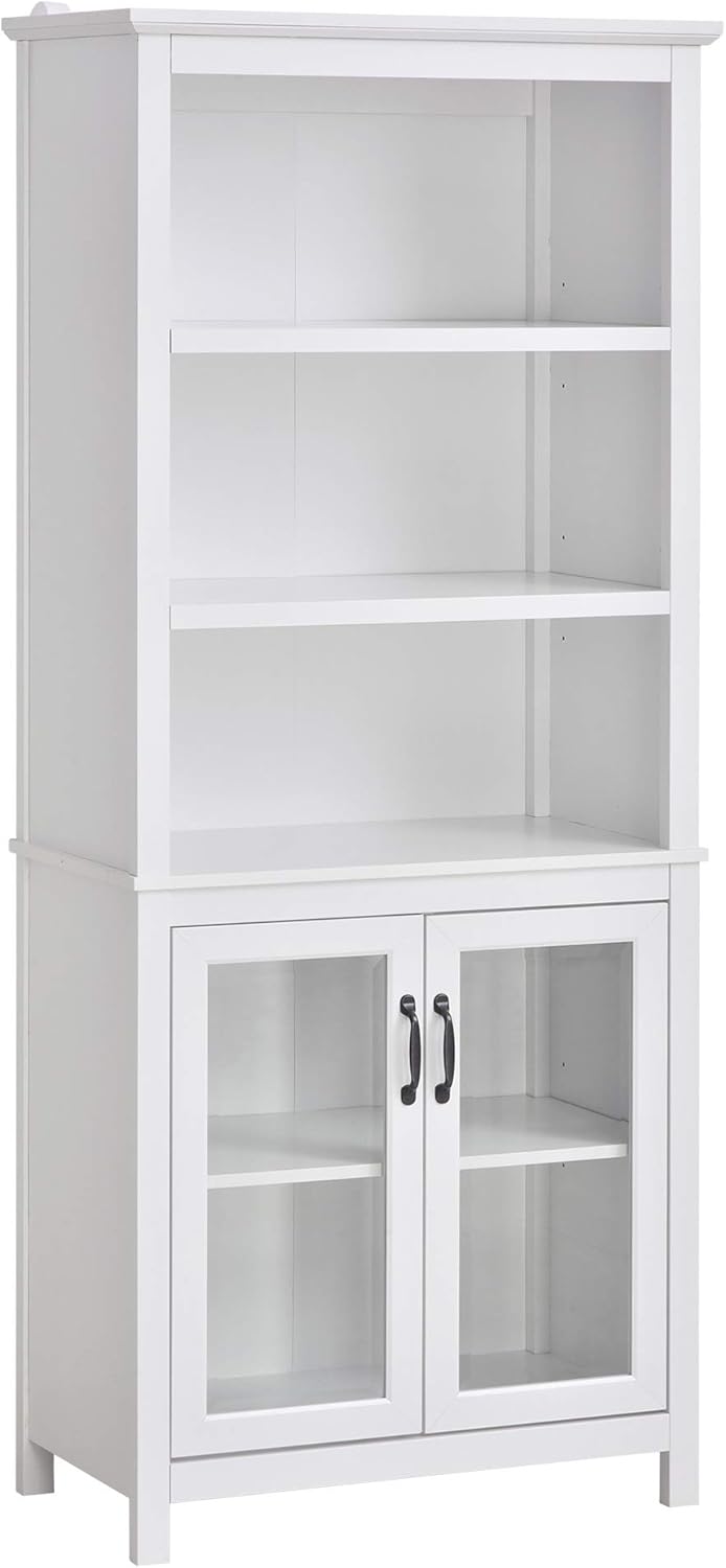 Natural Wood Bookcase Storage Hutch Cabinet with Adjustable Shelves and Glass Doors R5630