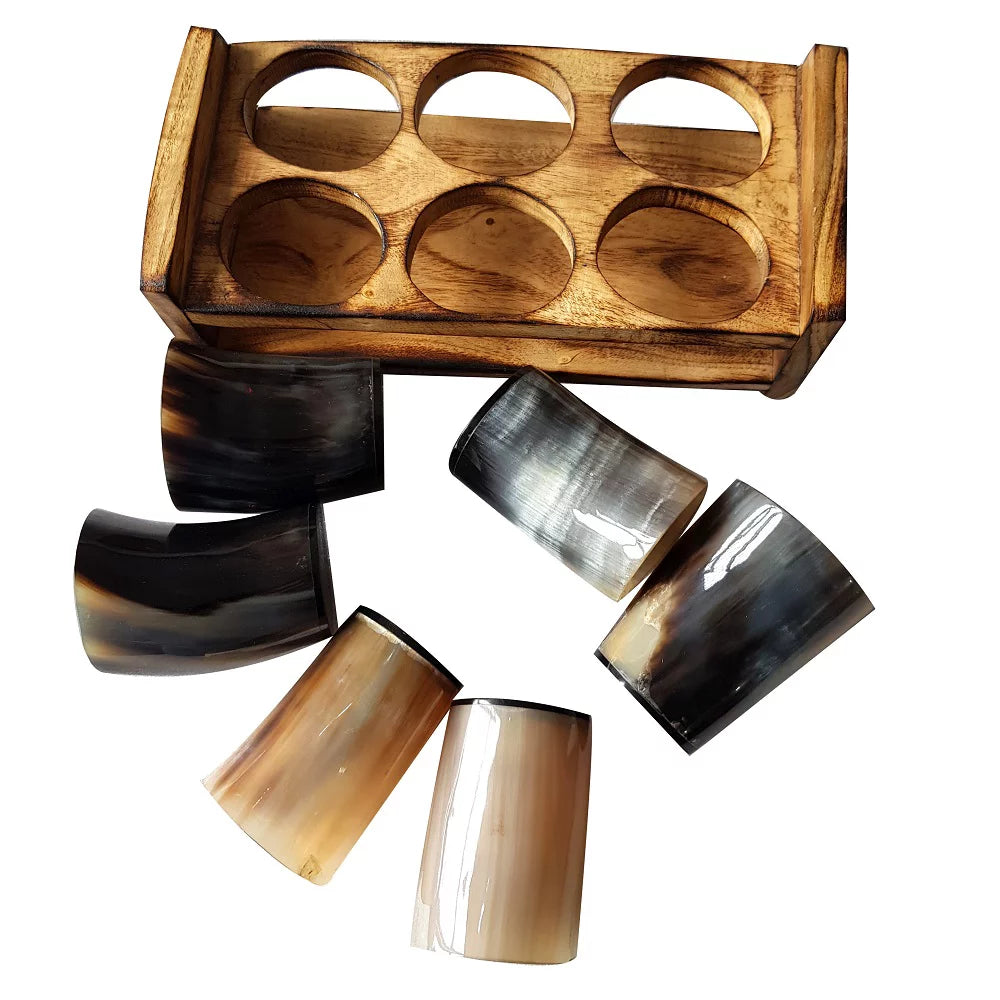 Viking Beer Wine Drinking Horn Glass Set Of 6 With Wooden Stand B445876