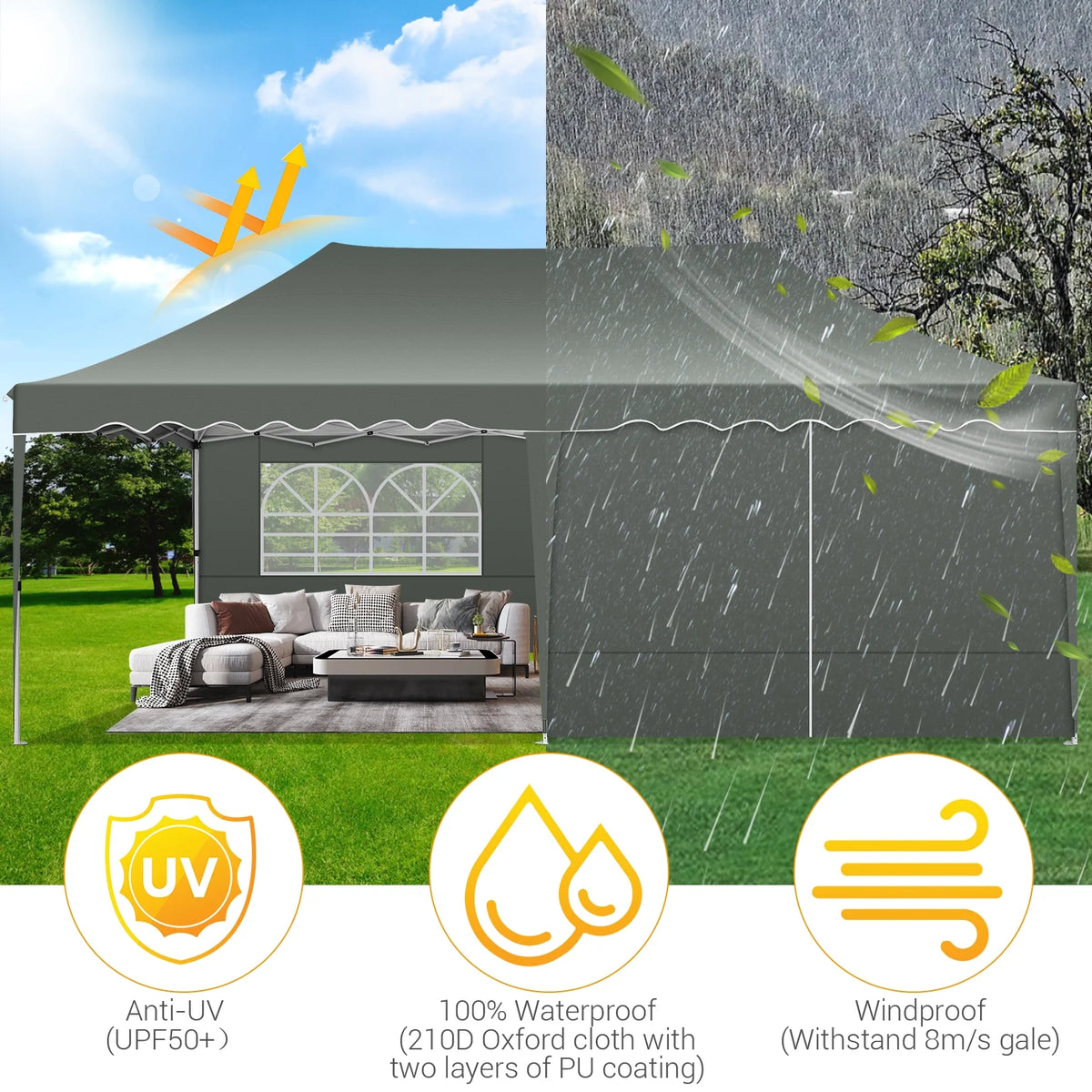 10' x 20' Pop Up Canopy Tent with 6 Removable Sidewalls, Carry Bag, 4 Sandbags, Gray O67388