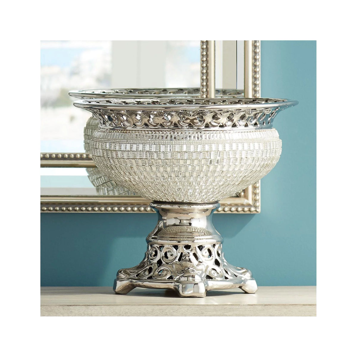 10 1/2" High Crystal and Silver Ceramic Bowl F7459