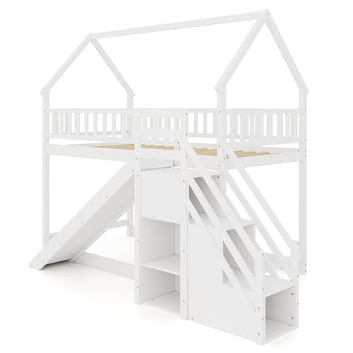White Wood Twin Over Twin Bunk Bed with Slide and Staircase K670998