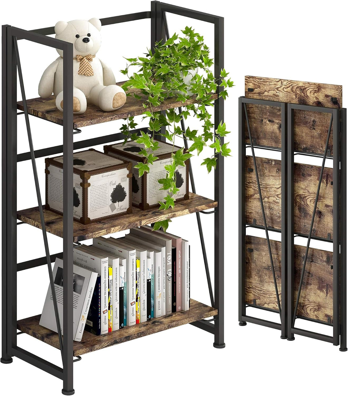 4 Tiers Folding Bookshelf Storage Shelves with 2 Drawers K7180