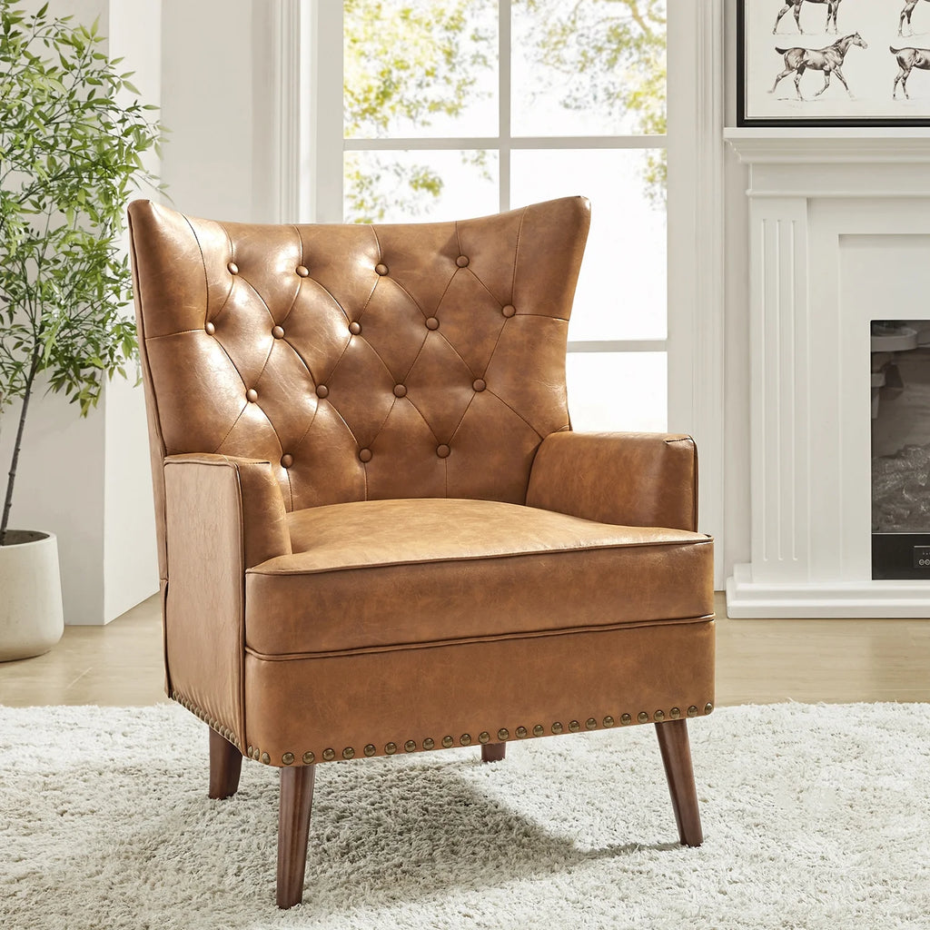 Faux Leather Upholstered Accent Chair with Solid Wood Legs Q933446