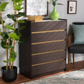 Dark Brown and Gold 5-Drawer Wood Chest with Faux Marble Top P99128