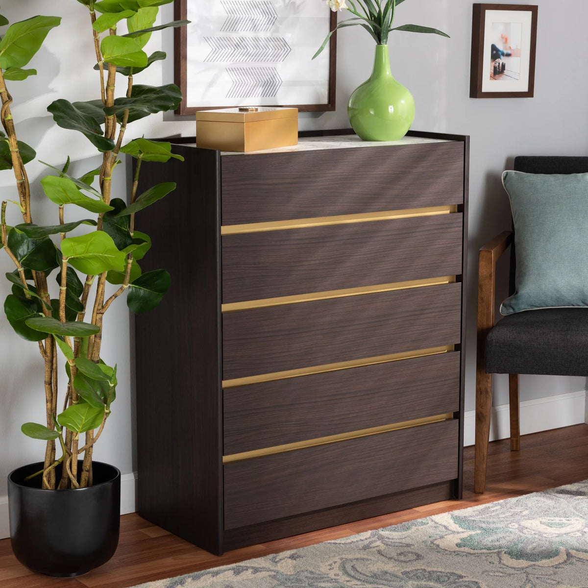 Dark Brown and Gold 5-Drawer Wood Chest with Faux Marble Top P99128