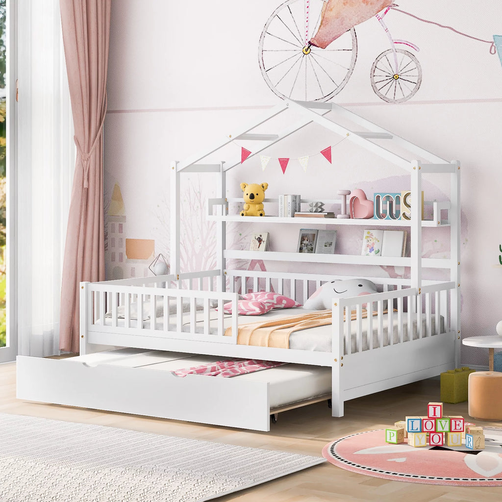 Gray Wood Twin House Bed with Trundle F253
