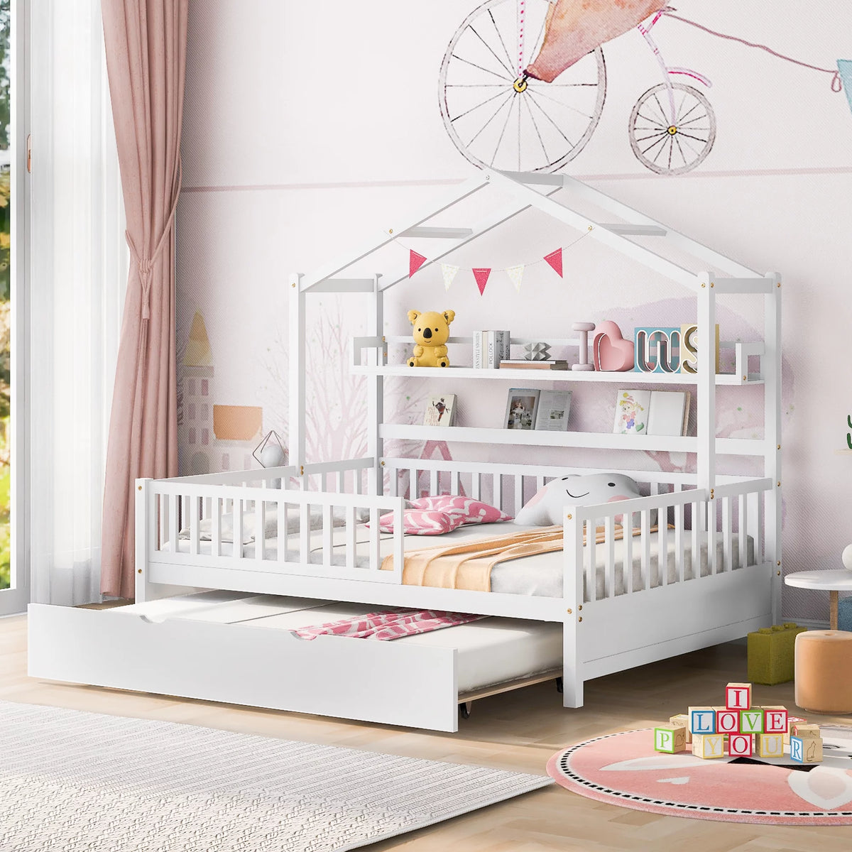 Gray Wood Twin House Bed with Trundle F253