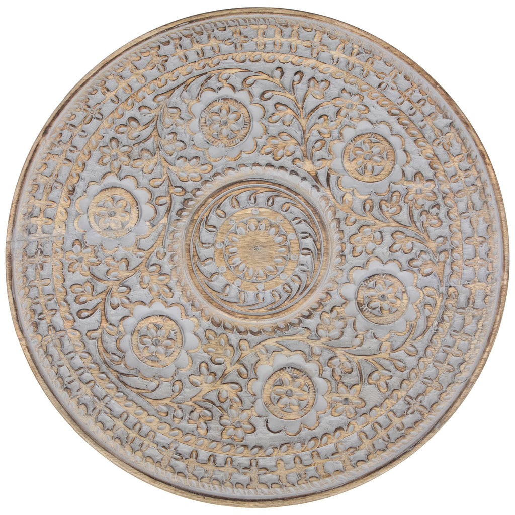 21" Antique Gray Carved Floral Round Pedestal Side Table T920993