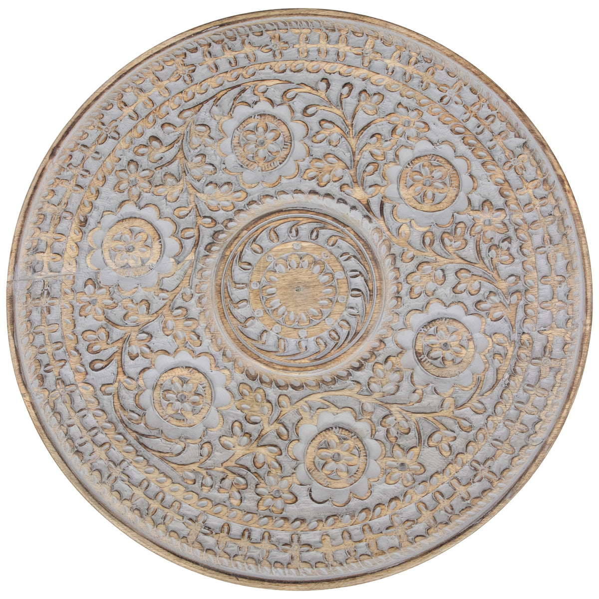 21" Antique Gray Carved Floral Round Pedestal Side Table T920993