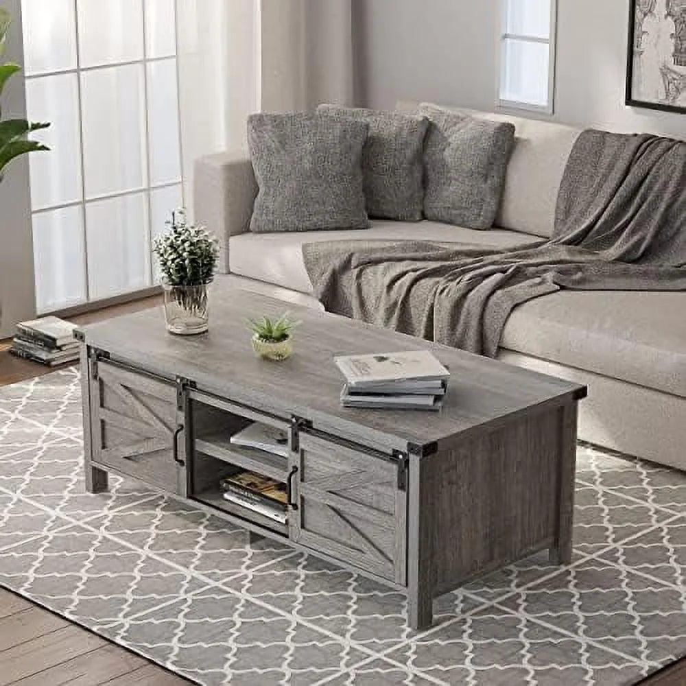 Farmhouse Coffee Table with Hidden Compartment and Cabinets Shelves Q97593