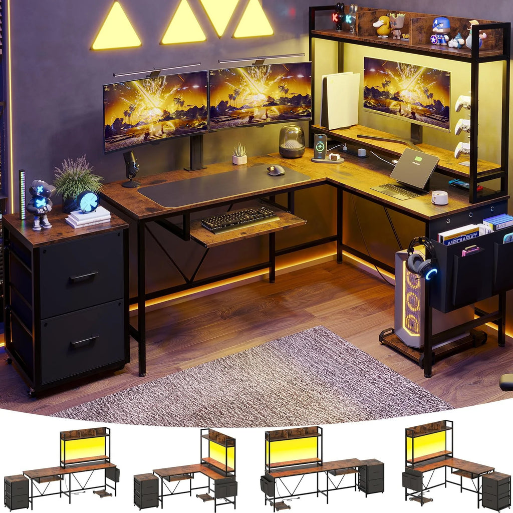 L Shaped Computer Desk with Power Outlet and LED Strip, Black I199
