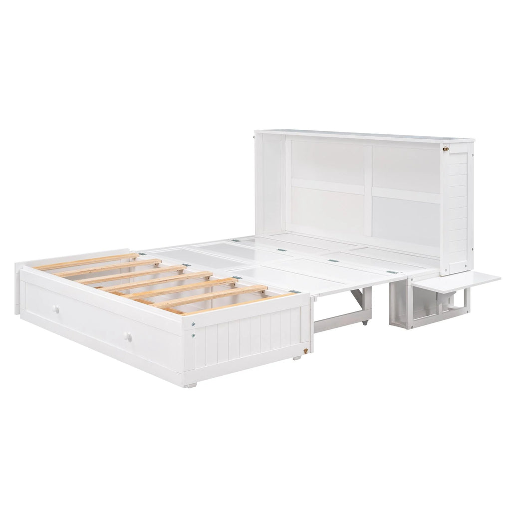 White Queen Size Wood Murphy Bed Cabinet with Storage Drawer Y44516