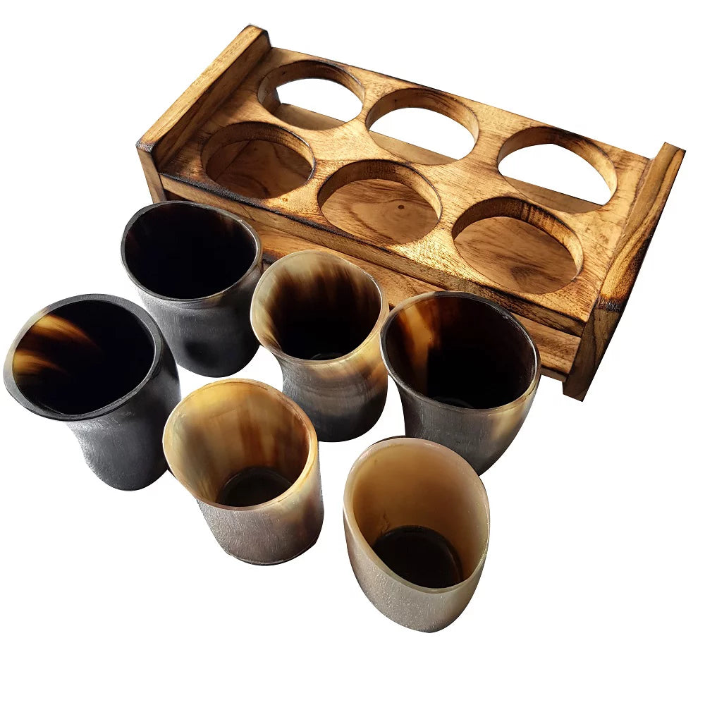 Viking Beer Wine Drinking Horn Glass Set Of 6 With Wooden Stand B445876