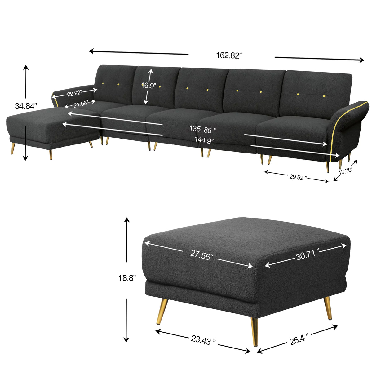 Gray Modular Sectional Sofa with Chaise and Ottomans L859805