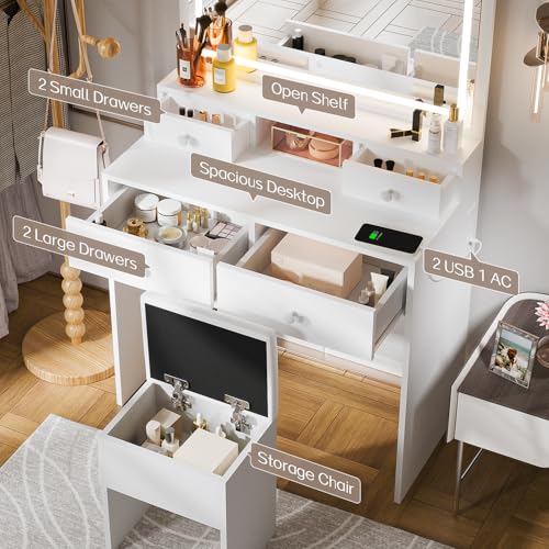White Makeup Vanity with Lighted Mirror and Charging Station T20379